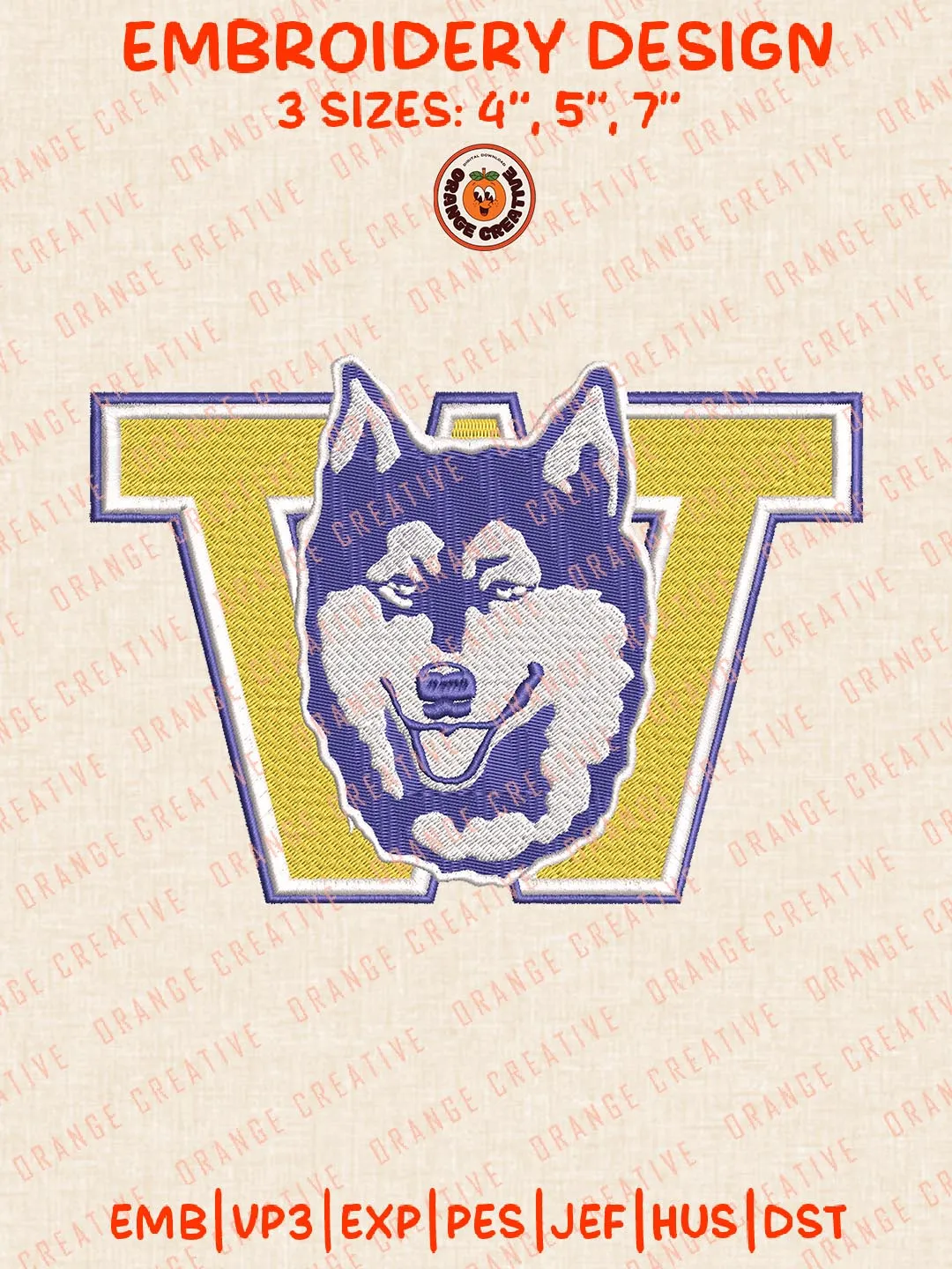 Washington Huskies Logo Embroidery Design Files, NCAA Logos Embroidery Designs, NCAA Machine Embroidery Files, 3 Sizes, Custom Sizes, Instant Download