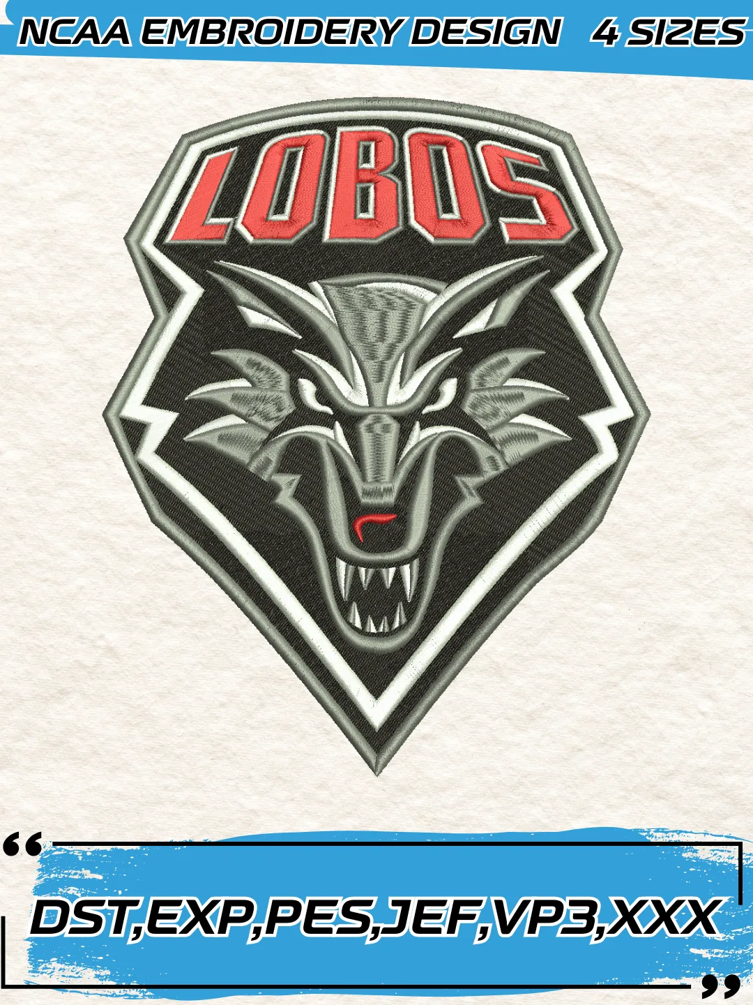 New Mexico Lobos Logo Embroidery Design,NCAA Logo Embroidery Design,Machine Embroidery Design File,4 Sizes, Digital Download