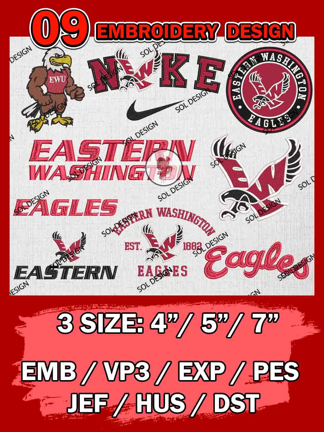 10 NCAA Eastern Washington Eagles Bundle Embroidery Files, NCAA Eastern Washington Eagles Team Bundle Embroidery Designs, NCAA Teams, National College Football Team 3 sizes, NCAA Eastern Washington Machine Embroidery, Digital Download