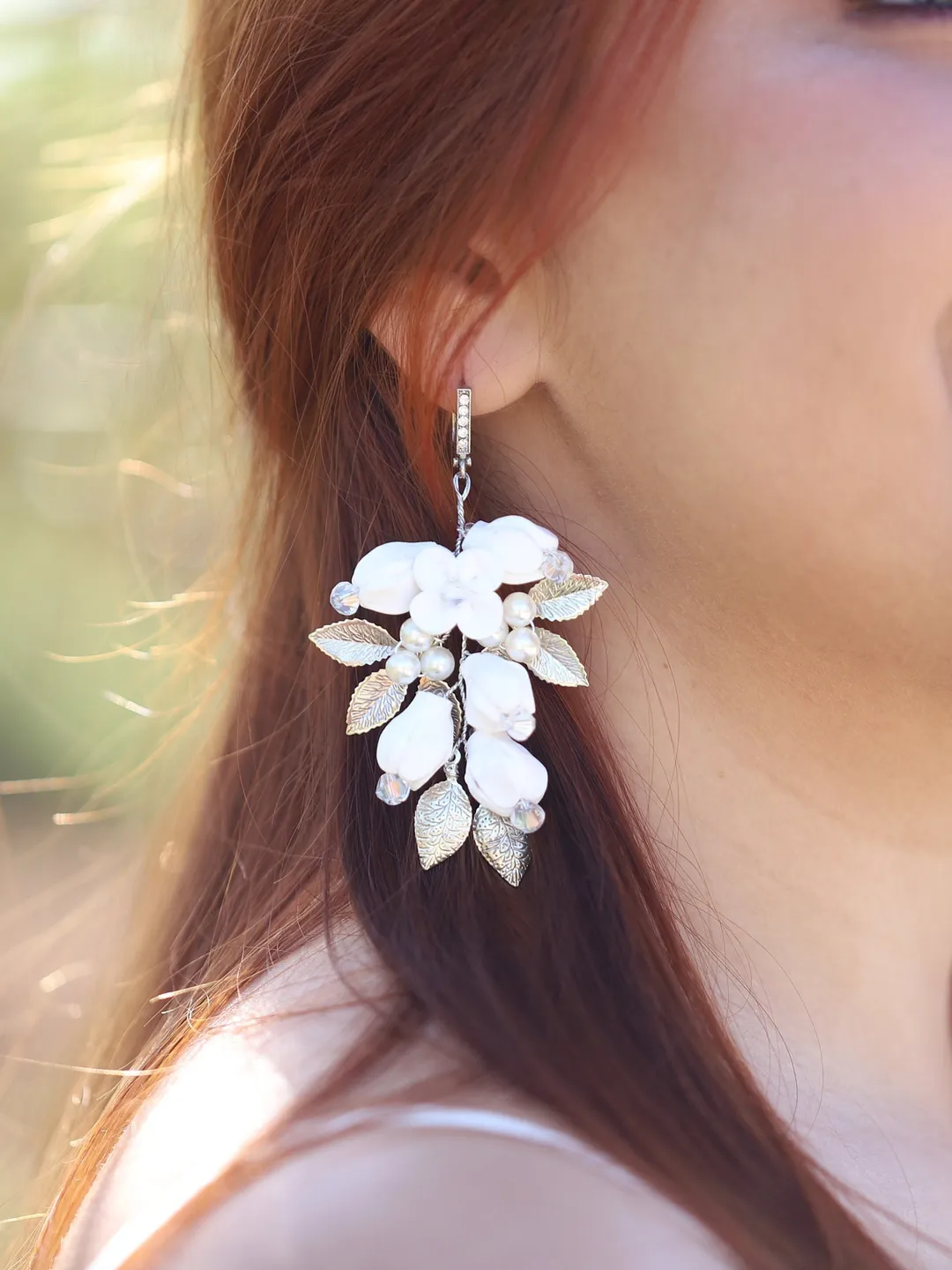 Boho Wedding Earrings, Silver, Gold, Rose Gold Statement Wedding Earrings, Porcelain Flowers Pearl Bridal Earrings, Floral Wedding Jewelry