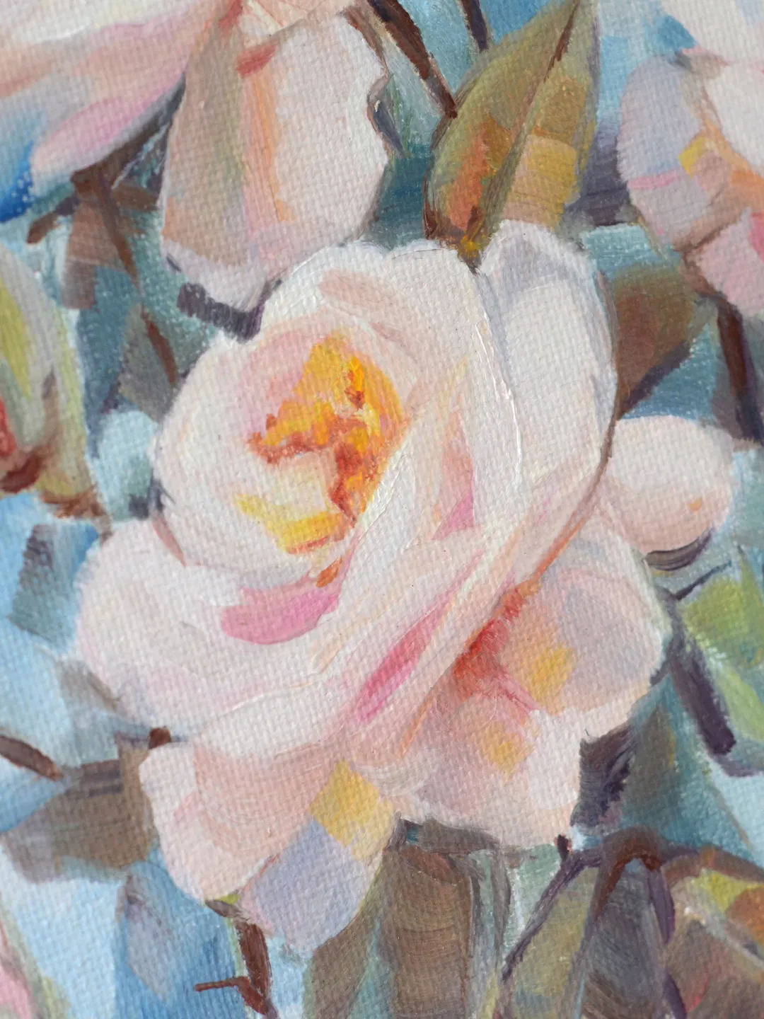 Roses oil painting / Pink flowers on blue art