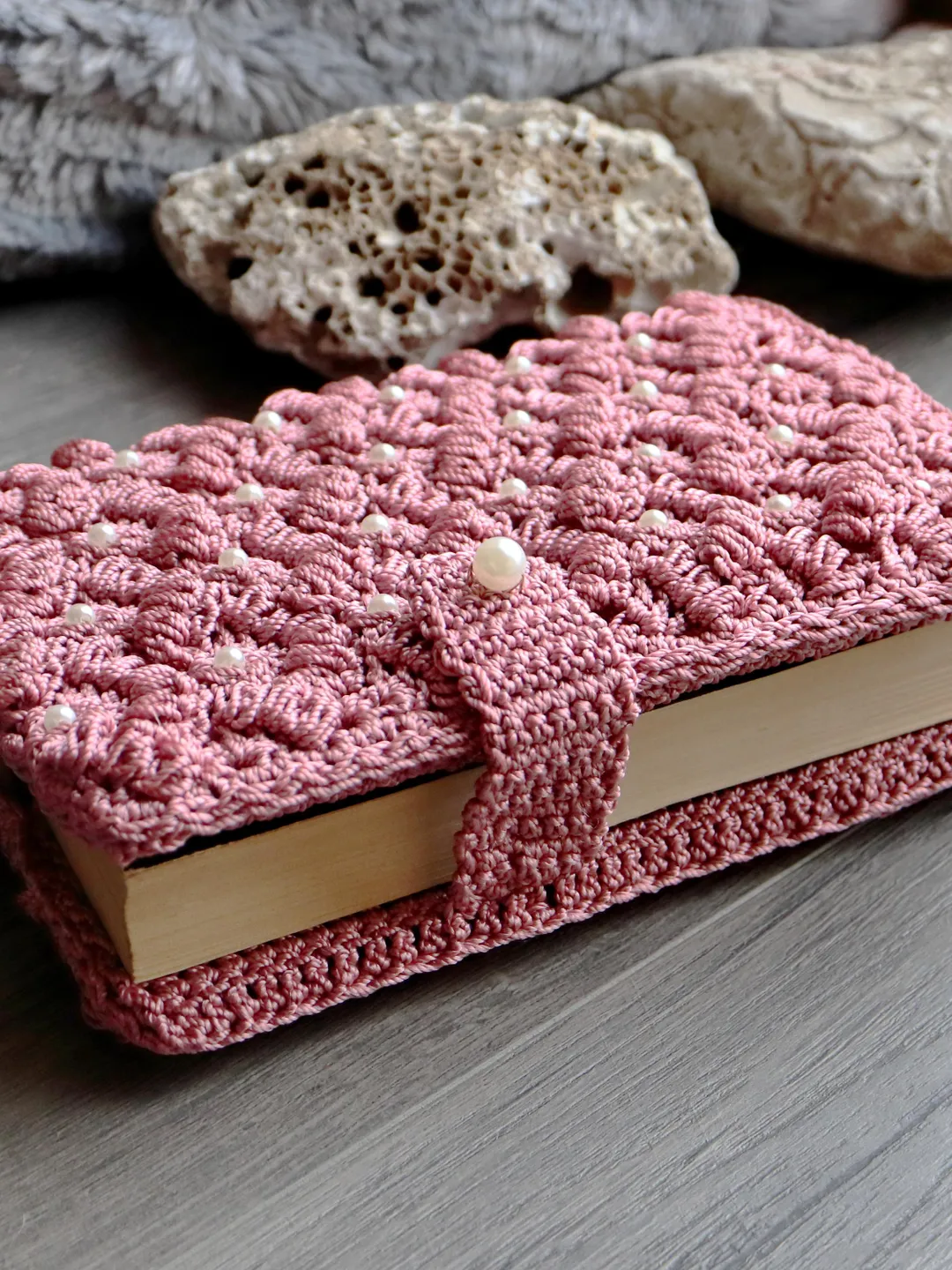 Crochet Book Cover Pattern, Puff Stitch Shell Fan Design, with Pearls ...