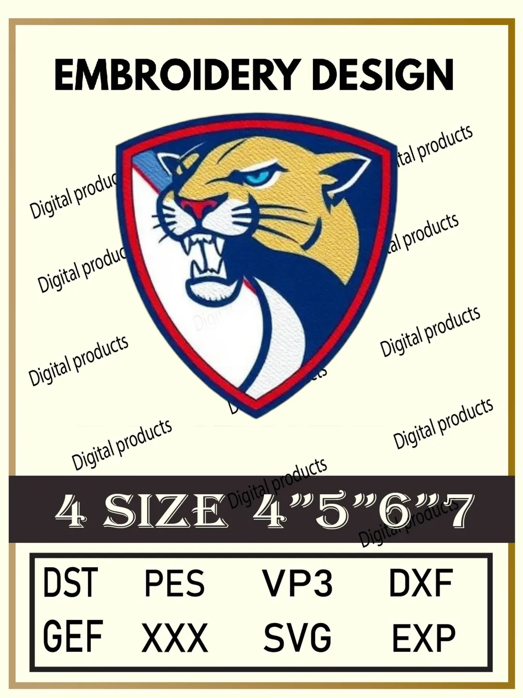 Florida Panthers Embroidery Design Digital Logo Pattern with Panther Head Shield Emblem for Machine Embroidery Projects in Four Sizes with Multiple Compatible Formats Including DST, PES, VP3, DXF, GEF, XXX, SVG, EXP Download