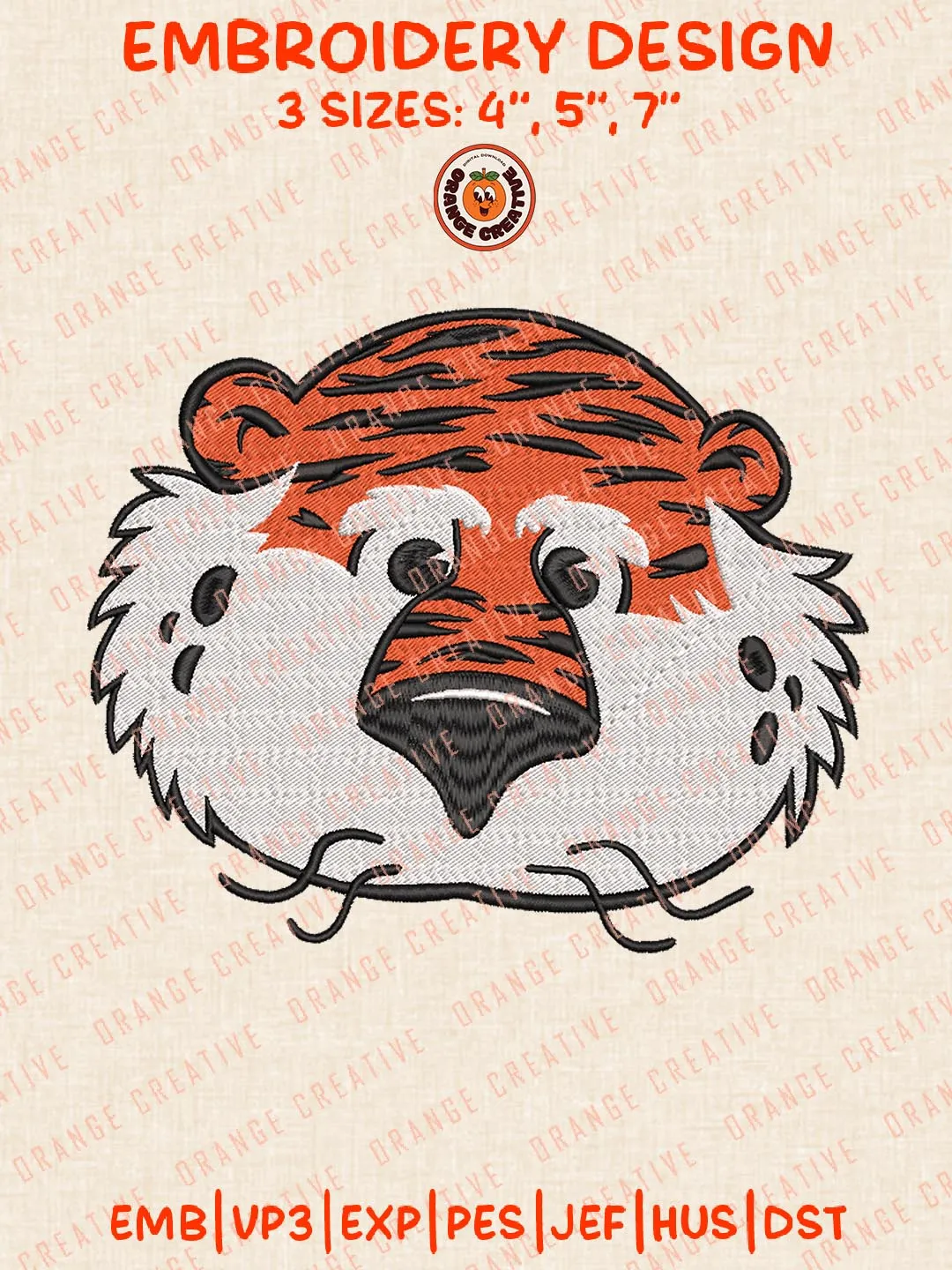 Auburn Tigers Head Mascot Logo Embroidery Design, NCAA Team Embroidery Design, Machine Embroidery Design File, 4 Sizes, Custom Size, Digital Download