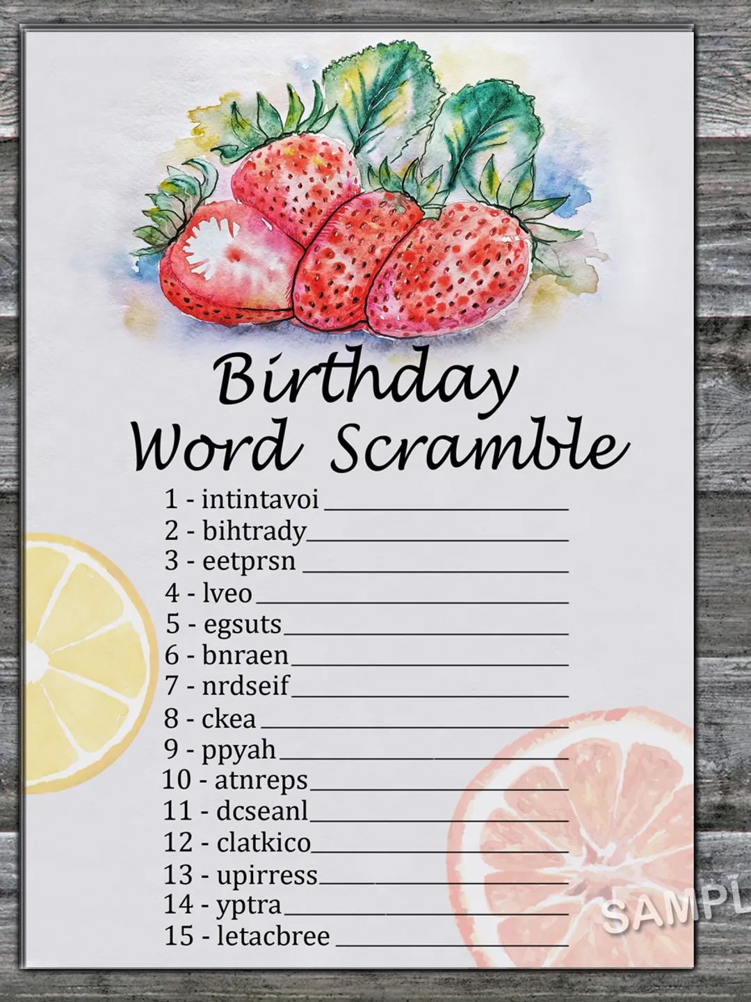 Strawberry Birthday Word Scramble Game,Adult Birthday party game-fun games for her-Instant download
