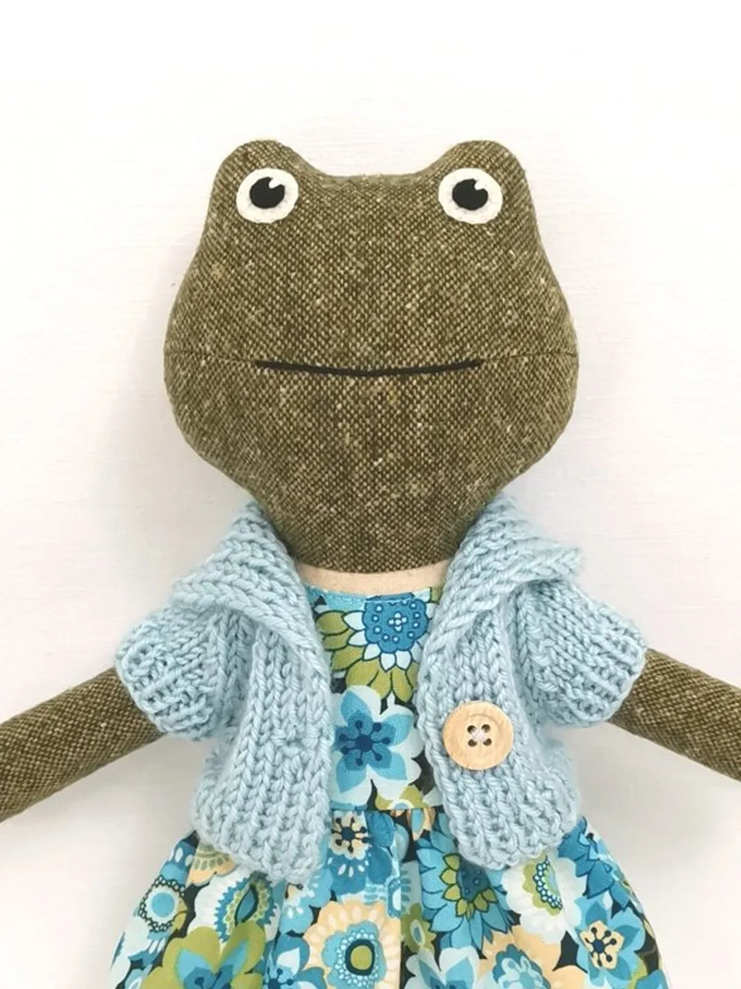 Green frog girl, handmade plush toad toy, wool stuffed doll
