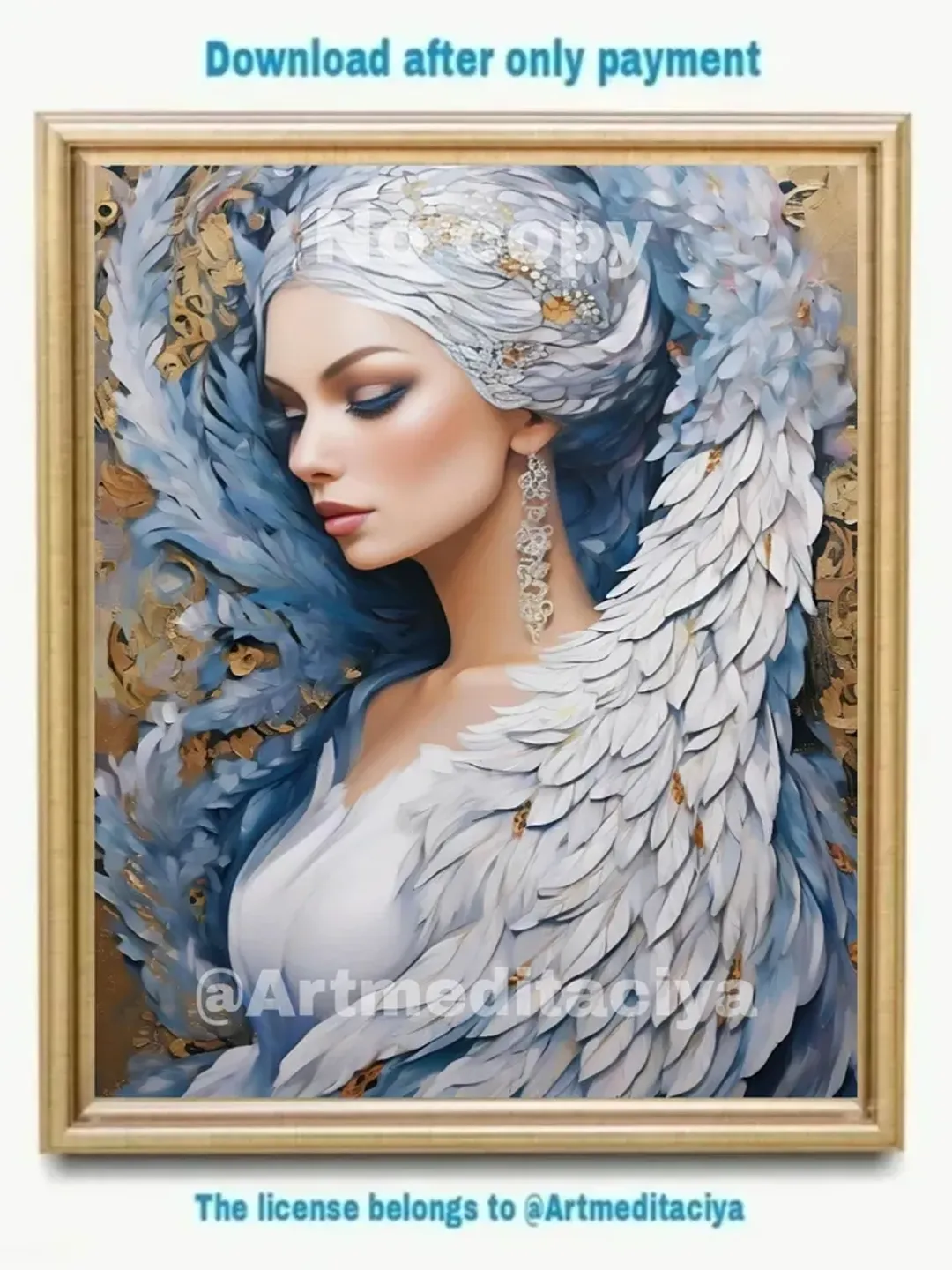 Digital abstract 3d textured painting "Swan Princess". Portrait of a mysterious fabulous blonde Slavic woman with fluffy a blue eyelashes and a textured outfit of white feathers on an intricate gold background in the style of painting with a palette knife