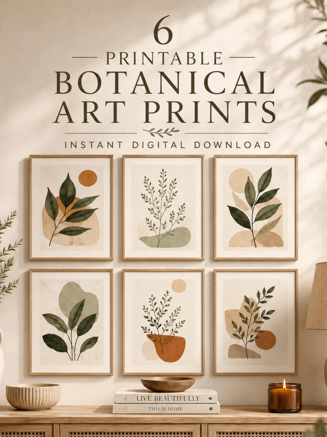 Botanical Wall Art Set of 6, Printable Nature Prints, Minimalist Gallery Wall Decor, Green Leaf Digital Download