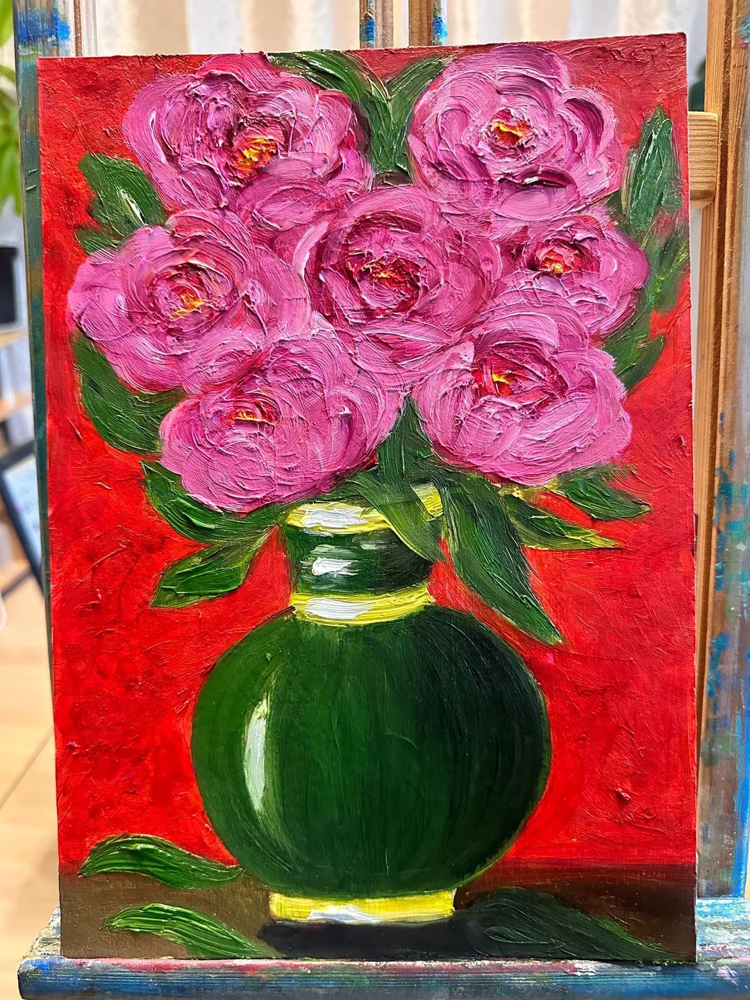 Oil Painting Peonies in a Green Vase Flowers Bouquet of Peonies Still Life Cardboard 12 inches x 8 inches 30 cm x 21 cm 3D Image Impasto Modern Art Wall Decor