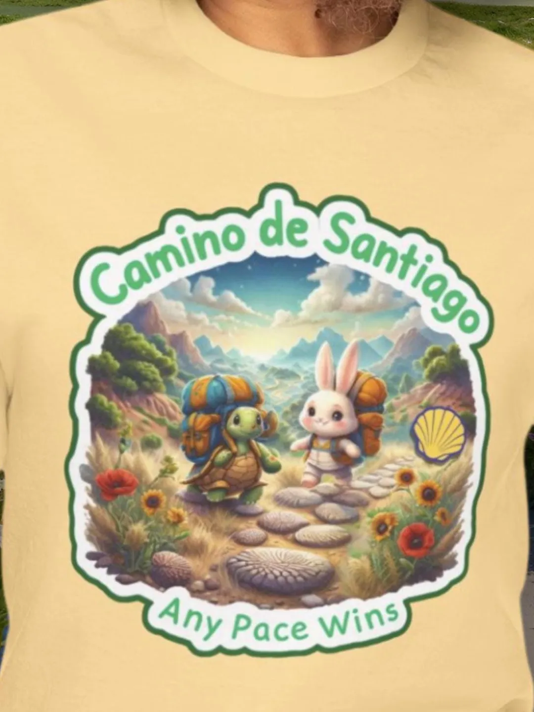 Camino de Santiago Hiking T-Shirt: Turtle & Rabbit Pilgrim Design