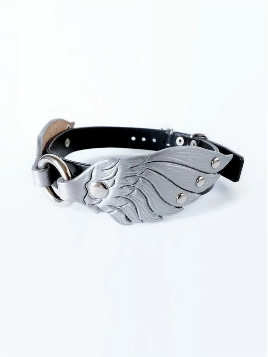 Custom Size BDSM Day Collar with Silver Wings - Personalized Submissive Choker, Adjustable Length