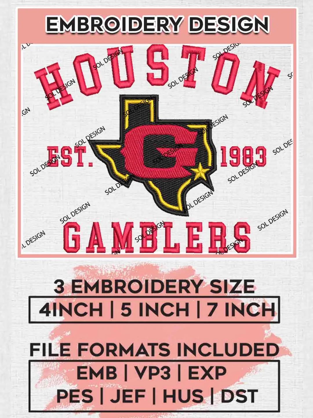 Houston Gamblers Est Embroidery Design, UFL Football League Embroidery files, Sport Machine embroidery designs, 3 sizes, Instant Download