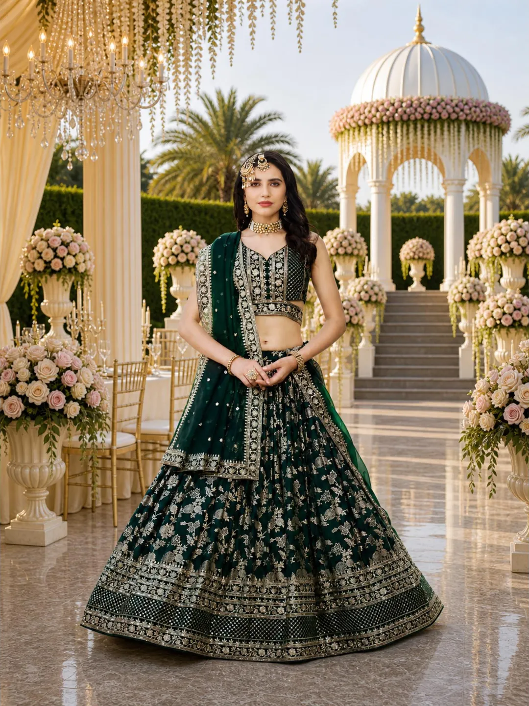 Green Georgette Ready To Wear Lehenga Choli: Silver Embroidery Indian Wedding Wear
