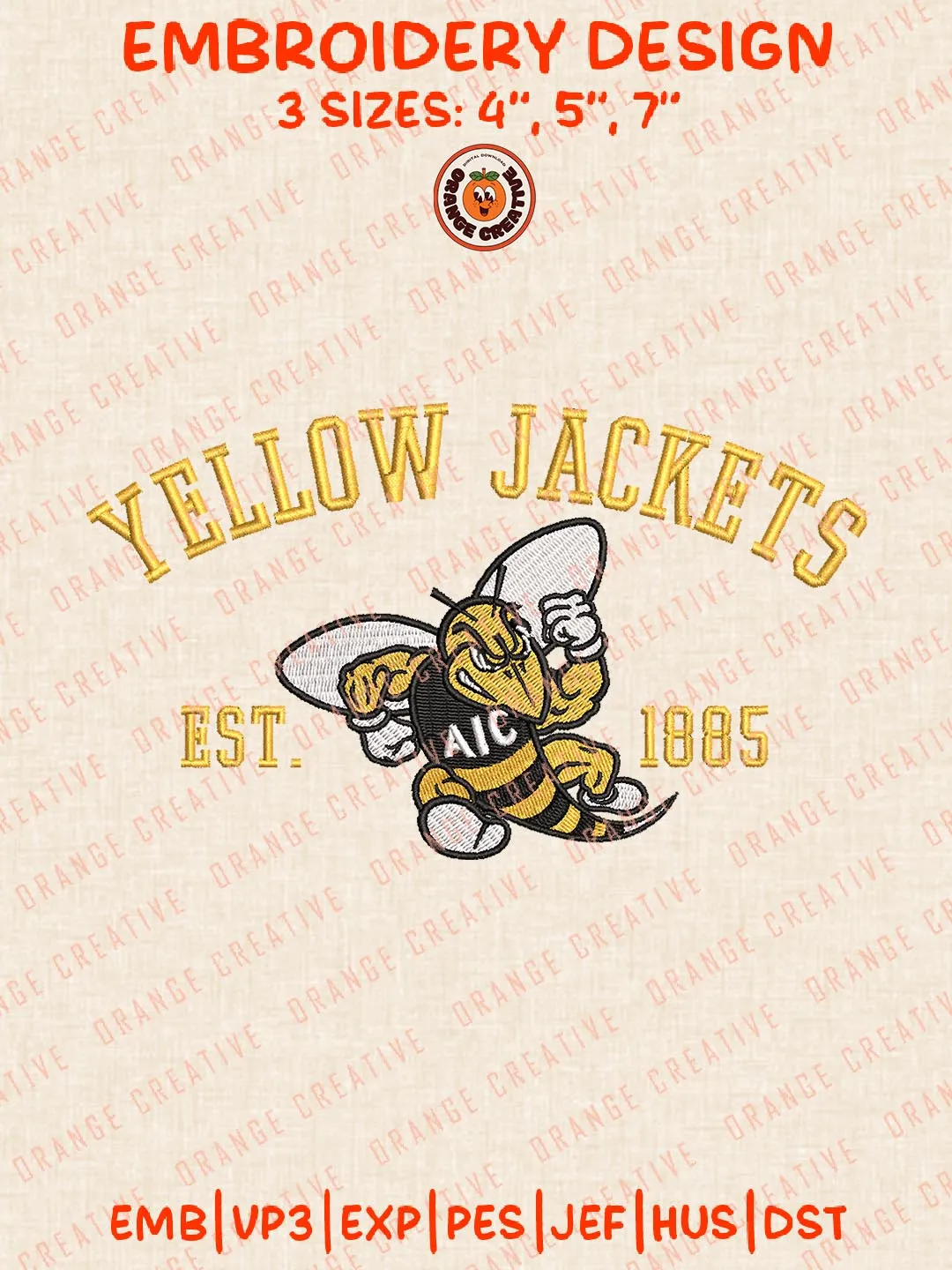 AIC Yellow Jackets Est 1885 Embroidery Design, NCAA Team Logo Embroidery Design, Machine Embroidery Design File, 4 Sizes, Custom Size, Digital Download