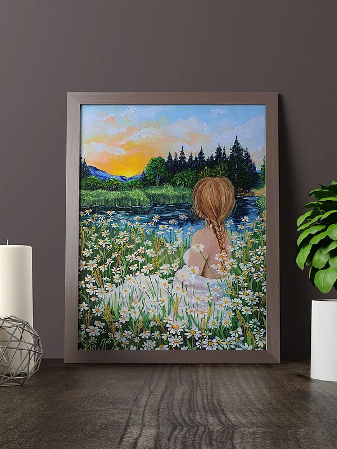 Girl Painting Daisy Original Art Landscape Artwork Oil Painting Canvas Art