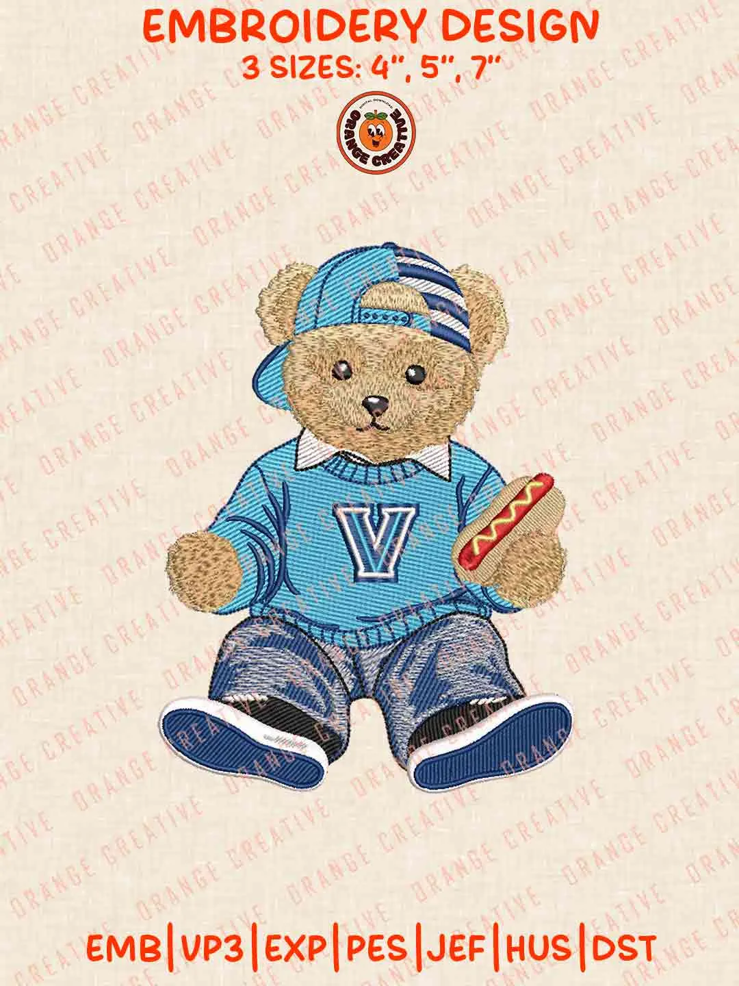 Villanova Wildcat Teddy Bear Football Embroidery Design Files, Football Logos Embroidery Designs, Sport Machine Embroidery Files, 3 Sizes, Custom Sizes, Instant Download