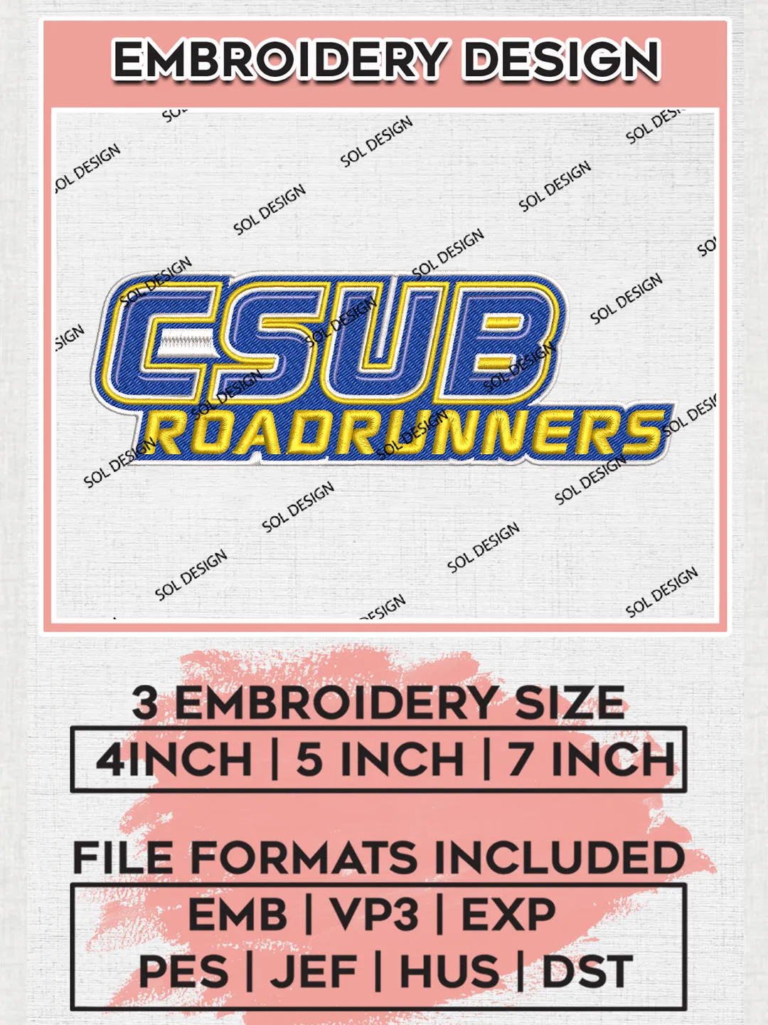 NCAA CSUB Roadrunners Team Word Logo Embroidery Design Files, NCAA Cal State Bakersfield Roadrunners Machine Embroidery, NCAA Teams, Game Day, 3 sizes, NCAA Machine embroidery designs, Digital Download
