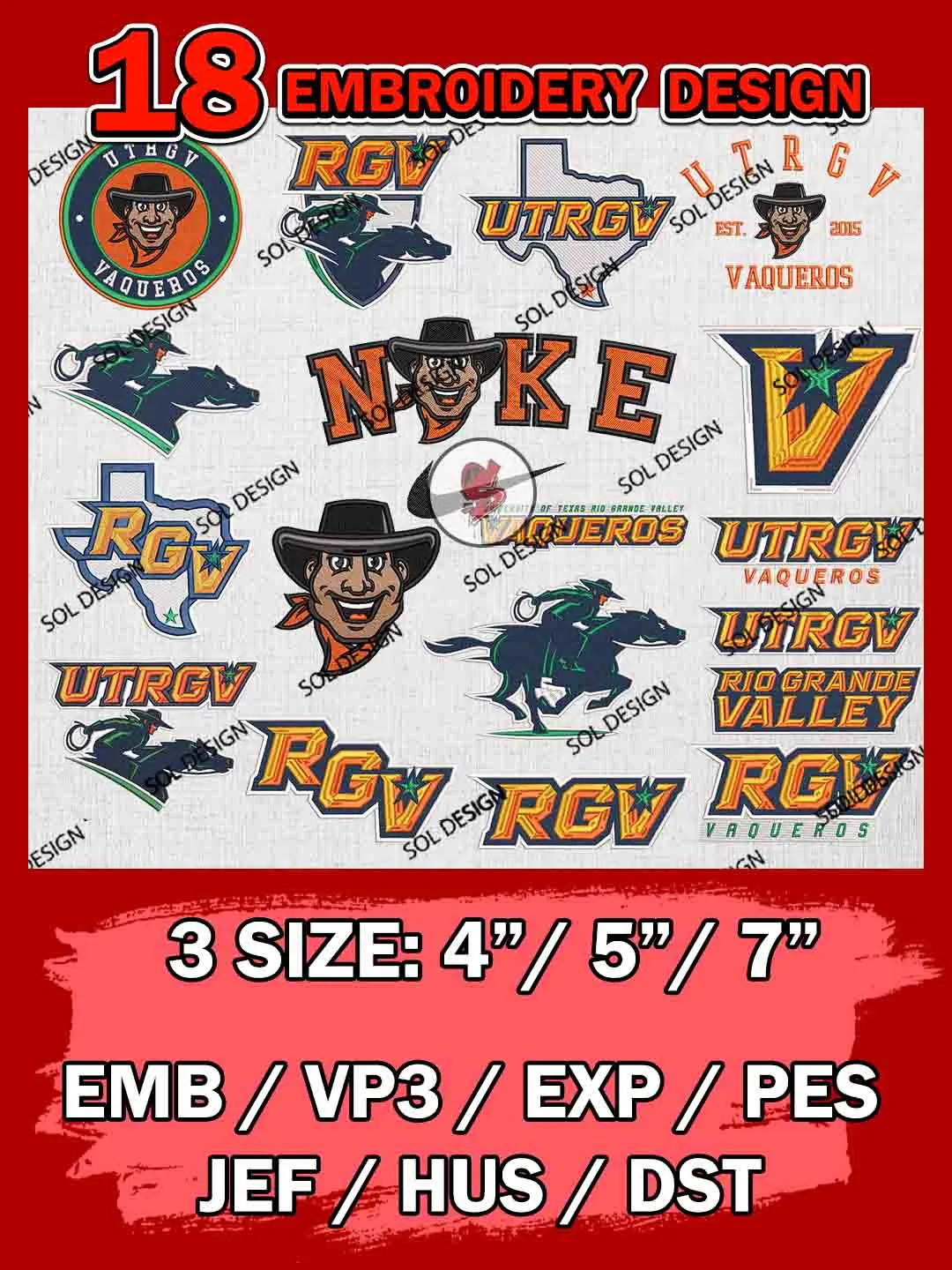 18 NCAA UT Rio Grande Valley Vaqueros Bundle Embroidery Files, NCAA UT Rio Grande Valley Vaqueros Team Bundle Embroidery Designs, NCAA Teams, National College Football Team 3 sizes, NCAA UT Rio Grande Machine Embroidery, Digital Download