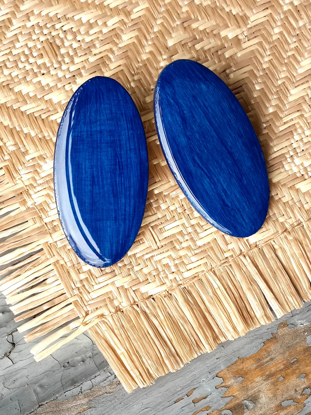 Big Oval Royal Blue Wooden Earrings Lightweight bohemian studs