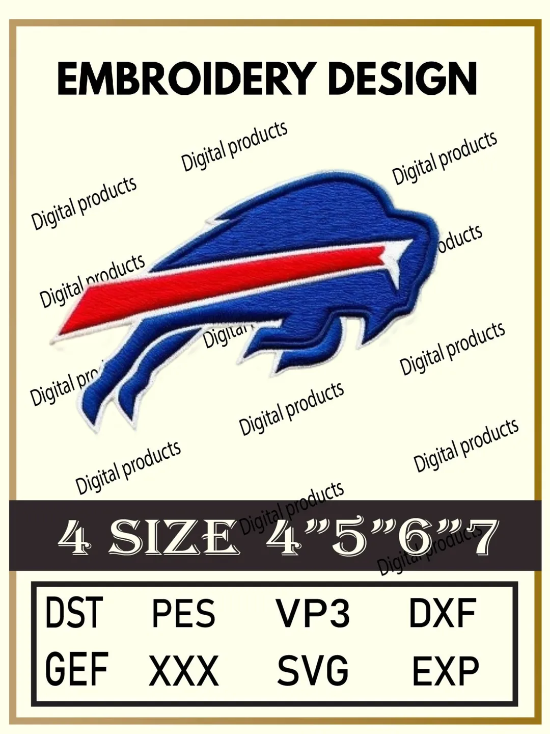 Buffalo Bills Embroidery Design Digital Logo Pattern with Blue Buffalo and Red Stripe Accent for Machine Embroidery Projects in Four Sizes with Multiple Compatible Formats Including DST, PES, VP3, DXF, GEF, XXX, SVG, EXP Download
