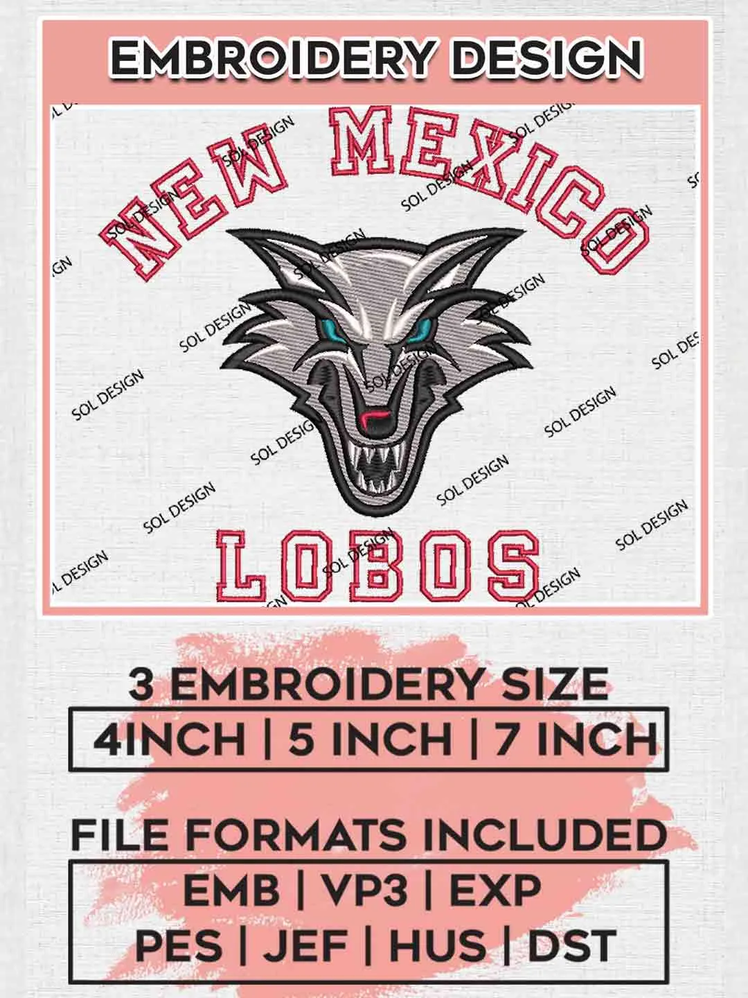 New Mexico Lobos Logo Embroidery Designs, NCAA Logo Embroidery files, NCAA New Mexico Lobos Team, Machine embroidery designs, Instant Download