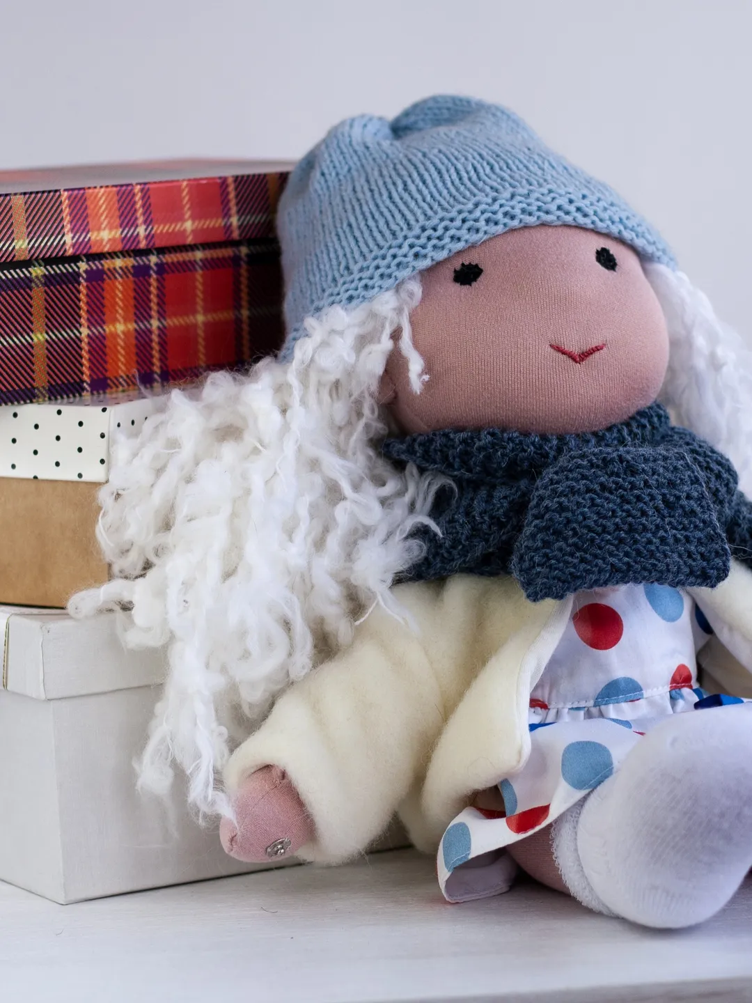 Handmade organic textile cotton Waldorf doll ready to ship, Authors stuffed soft doll with clothes set, Christmas baby