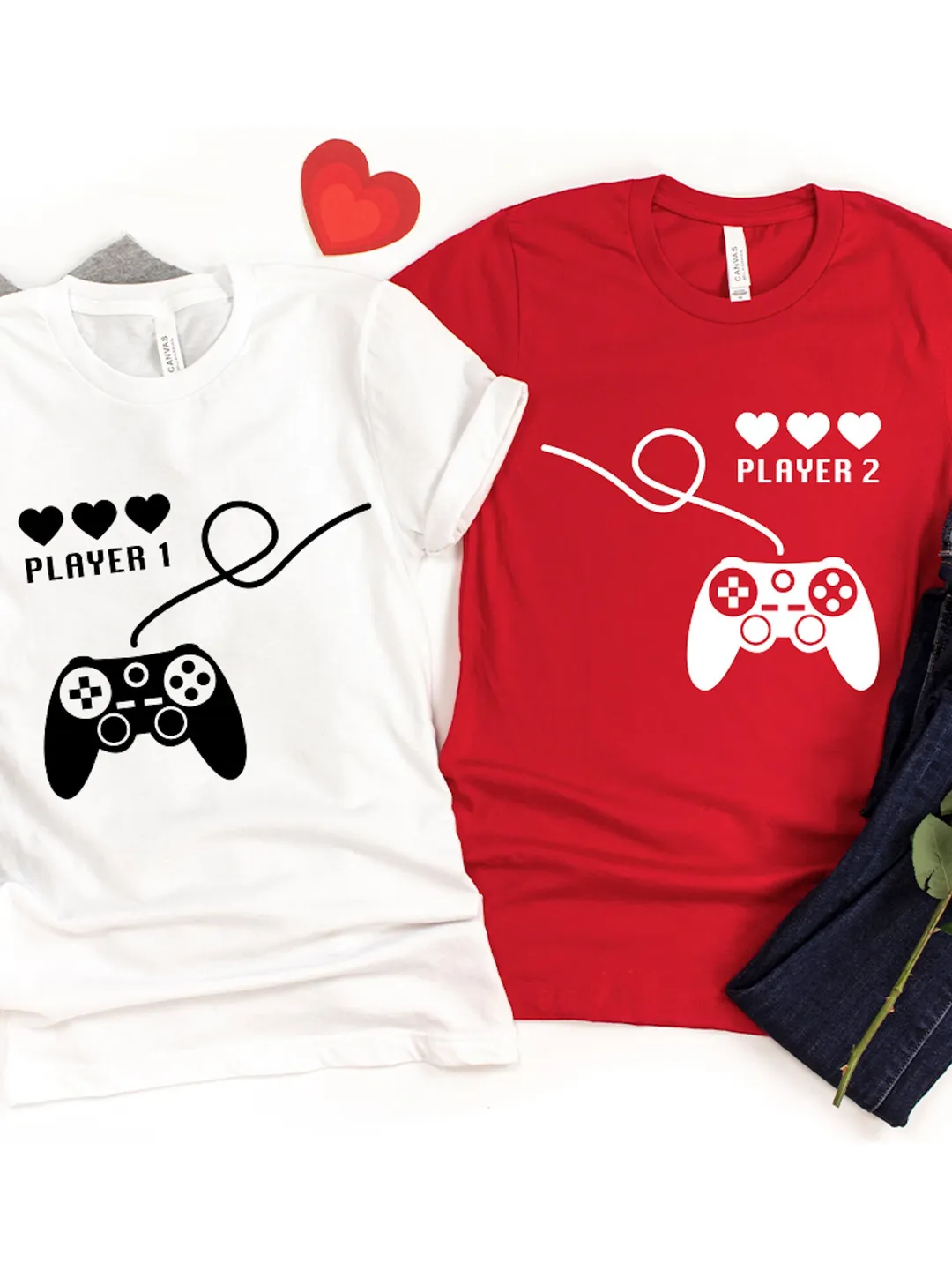 Couple Matching T-Shirts, Player 1 Player 2 (Unisex, Valentine's Day)
