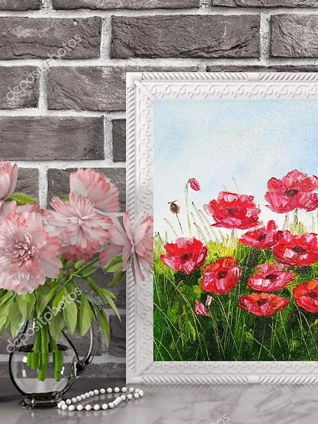 Oil painting, Bright red flowers, Canvas, Meadow Art, Red Poppies,Impasto Art