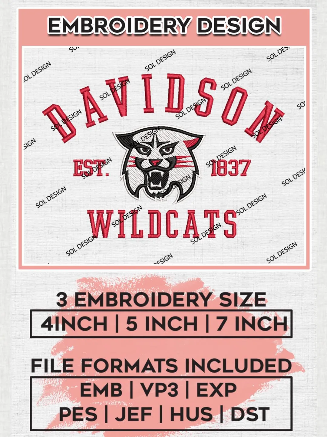 Davidson Wildcats Est 1837 Logo Embroidery Designs, NCAA Davidson Wildcats Team Embroidery, NCAA Team Logo, 3 sizes, Machine embroidery Files, Digital Download