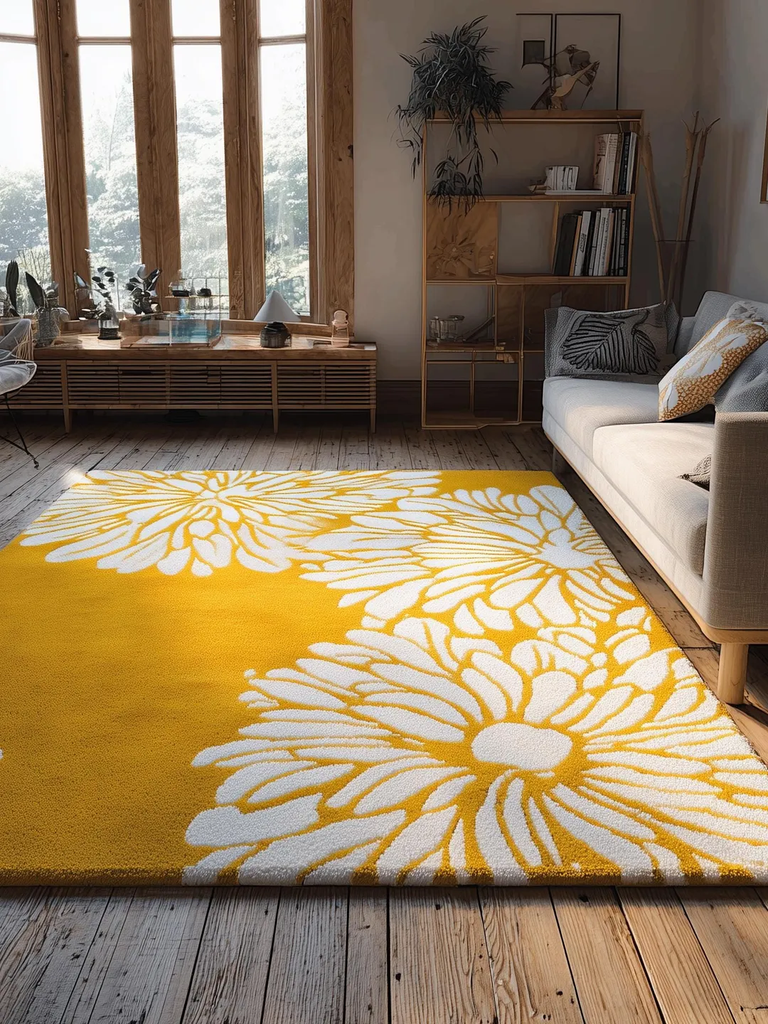Daisy Shape Rug Yellow Floral Area Rug – Modern White Daisy Pattern Statement Rug Teppich