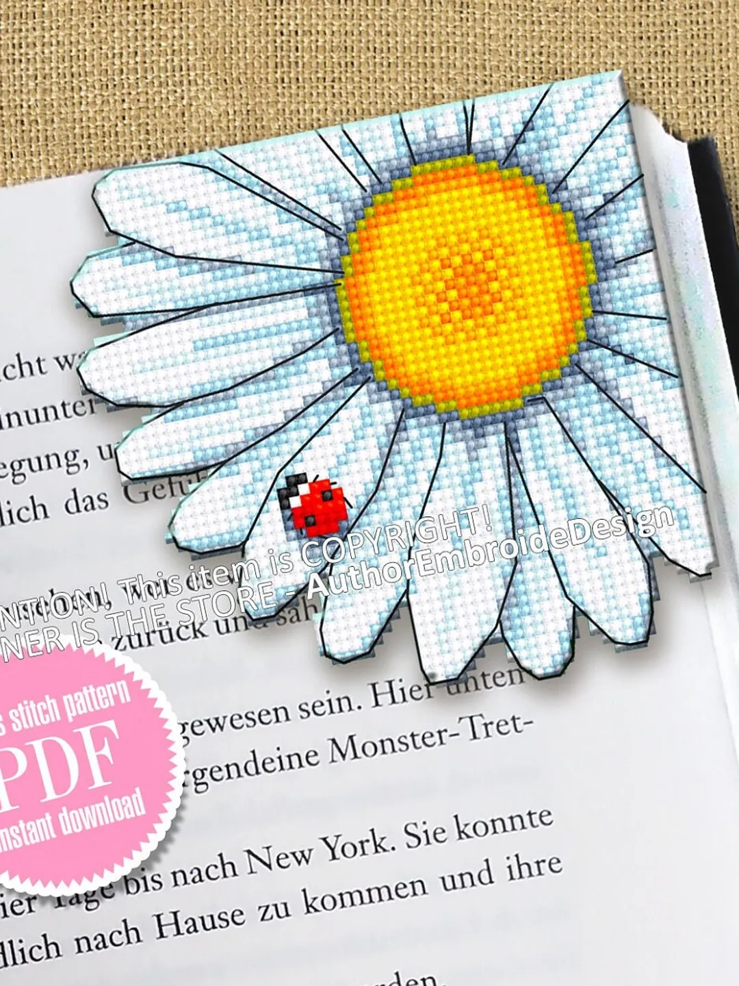 Corner bookmark cross stitch pattern PDF download Chamomile cross stitch chart, Flower bookmark pattern digital PDF Bookmark for women #B314