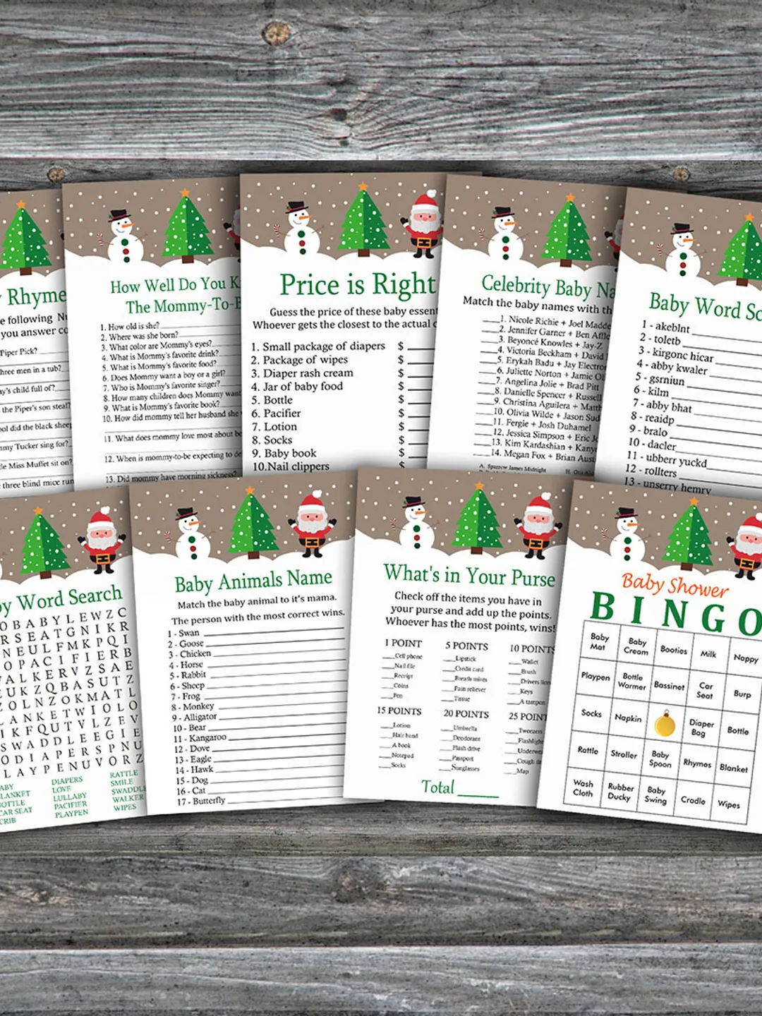 Cute Santa baby shower games bundle,Cristmas Baby Shower games package,Fun Baby Shower Games,9 Printable Games-237