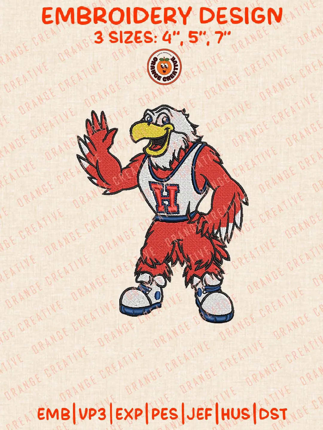 Hartford Hawks Mascot Embroidery Design, NCAA Hartford Hawks Team Logo Embroidery Design, Machine Embroidery Design File, 4 Sizes, Custom Size, Digital Download