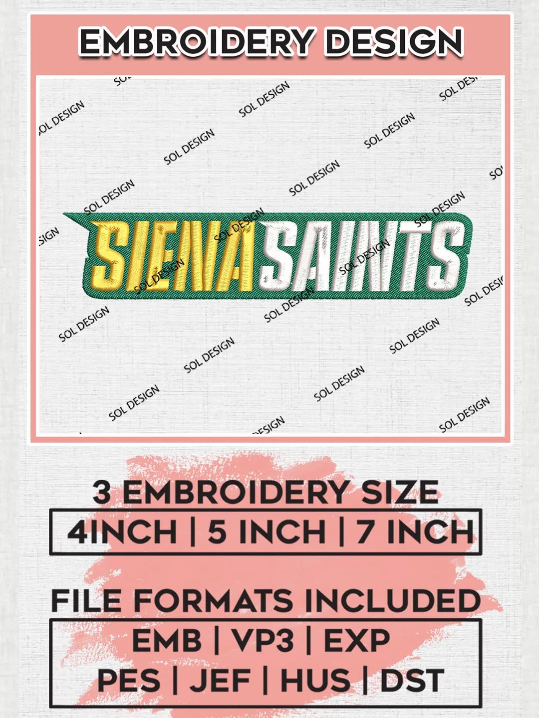 NCAA Siena Saints Football Team Wordmark Logo Embroidery Design Files, NCAA Siena Saints Machine Embroidery, NCAA Teams, 3 sizes, NCAA Machine embroidery designs, Digital Download