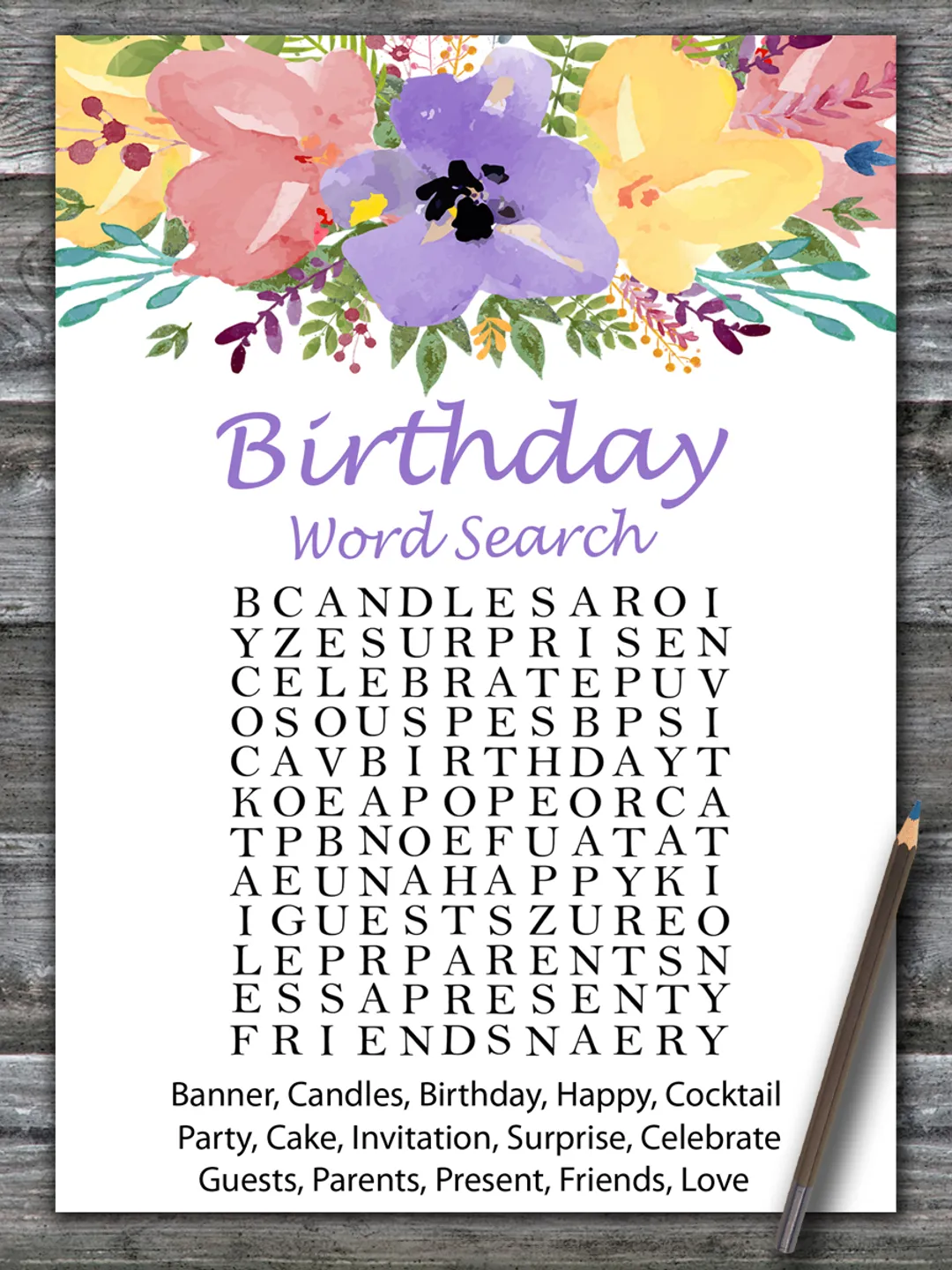 Watercolor flowers Birthday Word Search Game,Adult Birthday party game printable-fun games for her-Instant download