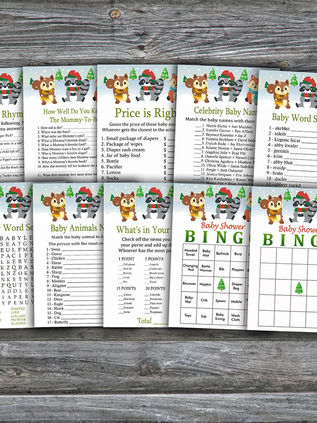 Winter Woodland baby shower games bundle,Christmas Baby Shower games package,Fun Baby Shower Games,9 Printable Games-249