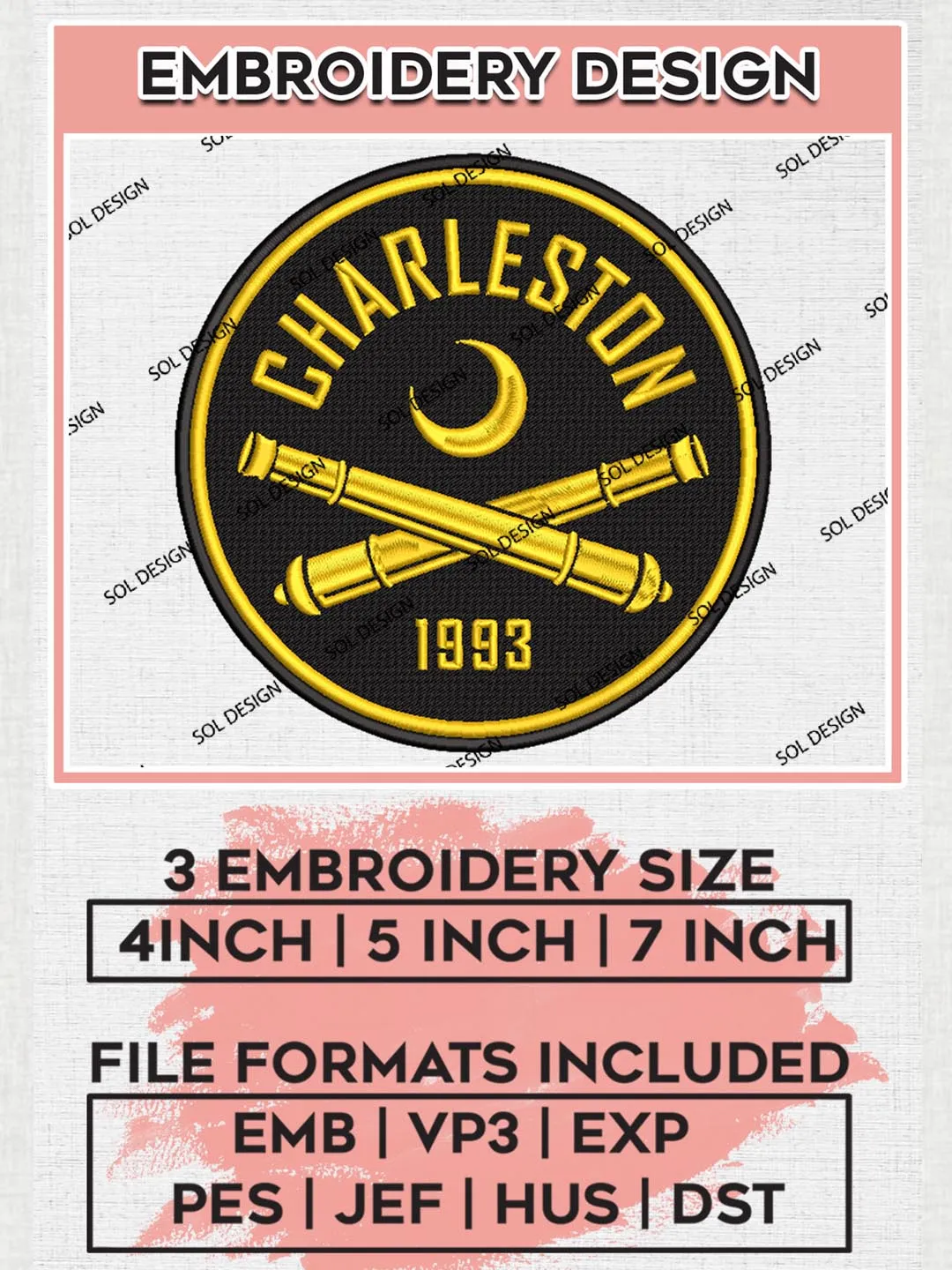 USLC Charleston Battery Logo Embroidery Designs, USLC Charleston Battery Embroidery Design, USLC Embroidery Design Files, USLC Logo, 3 sizes, Machine embroidery Files, Digital Download