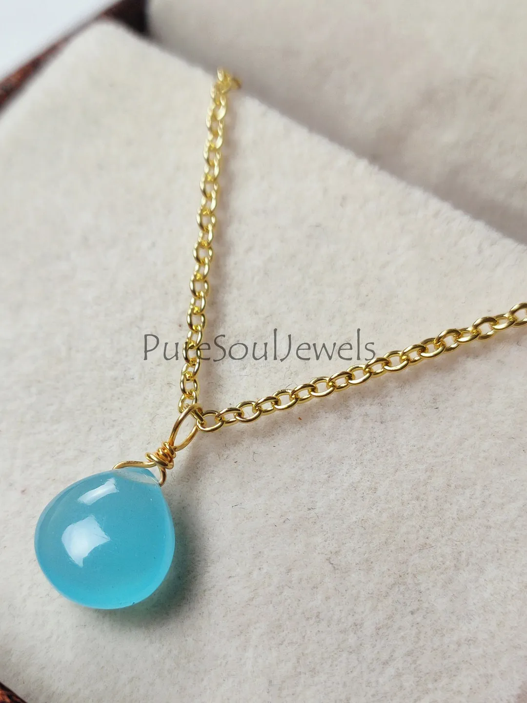 Aqua Chalcedony Heart Pendant Necklace: Gold Plated Wire Wrapped Gemstone