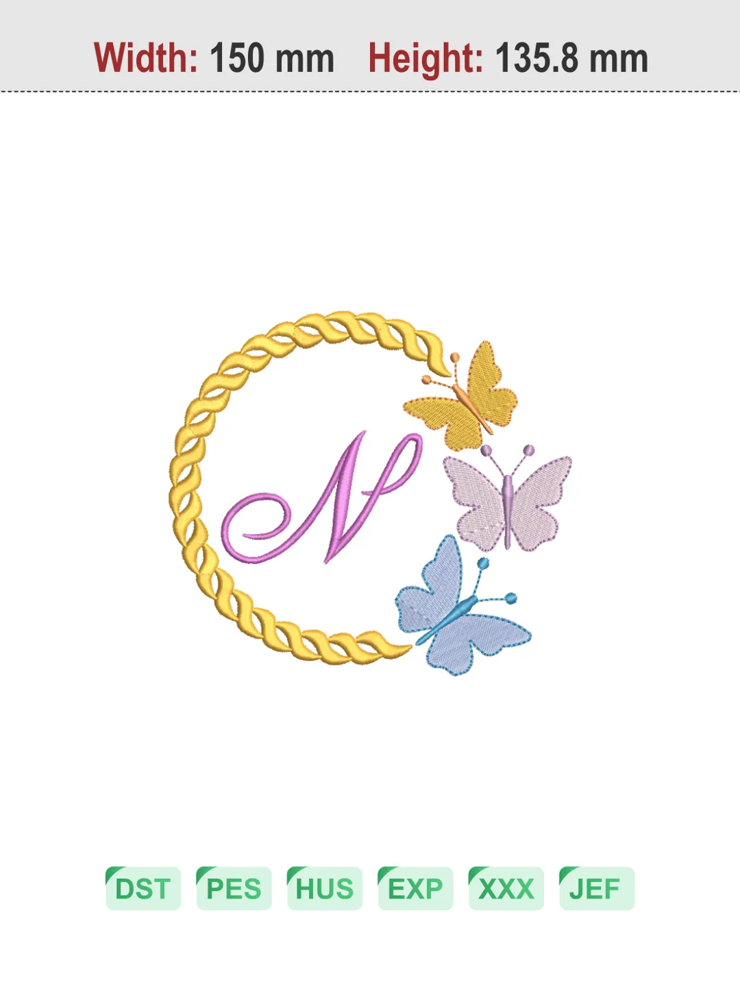 Butterfly Wreath Letter N Machine Embroidery Design