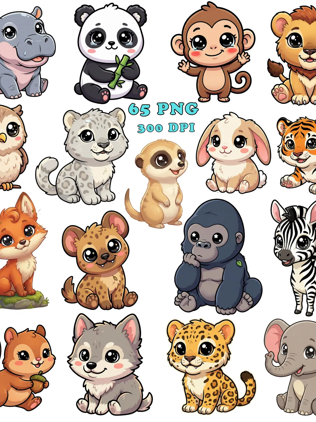 Adorable Kawaii Animal Clipart Pack - 65 Baby Animals PNG for Stickers ...