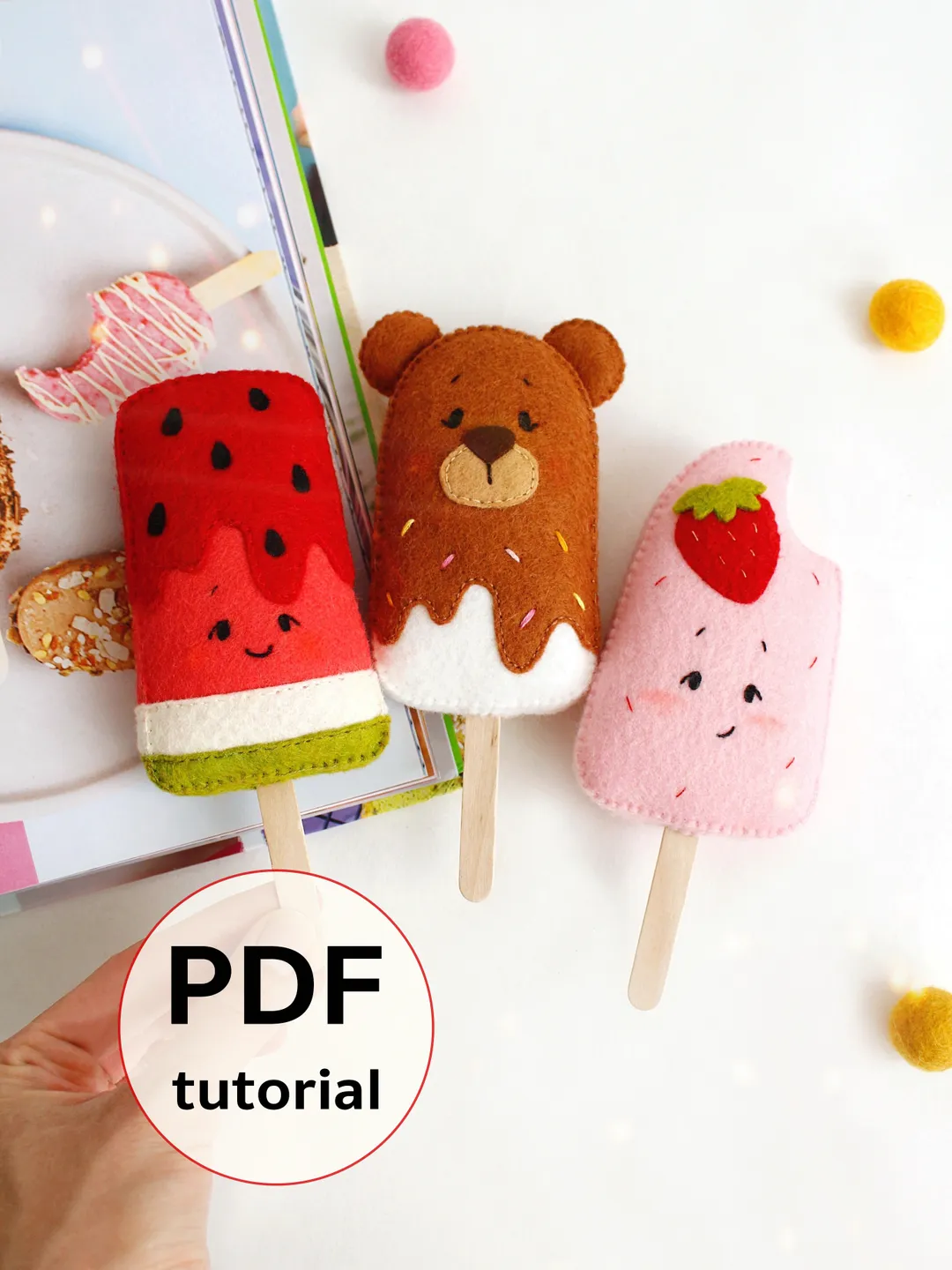 Felt ice cream popsicles hand sewing PDF tutorial with patterns. Pretend play food pattern. Montessori soft kitchen toys