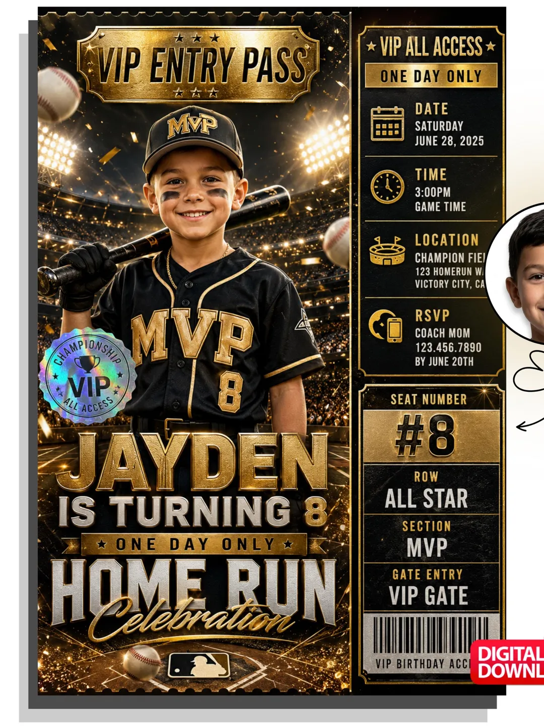 Baseball VIP Ticket Invitation, Custom Photo Birthday Party (Digital Download)