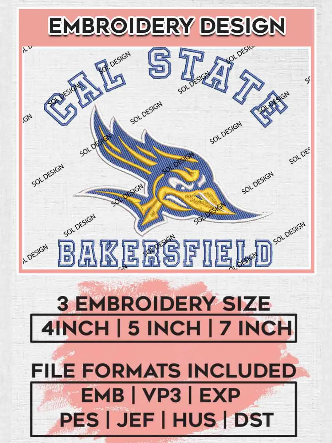 Cal State Bakersfield Roadrunner Embroidery Design, Football Embroidery files, Sport Machine embroidery files, 3 sizes, Instant Download