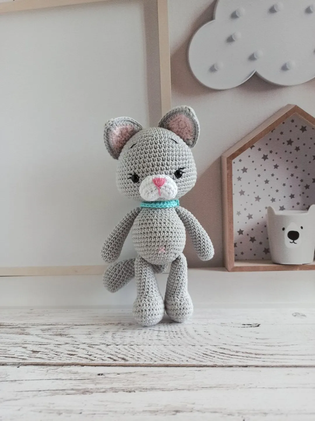 Hand woven stuffed toy cat, crochet toys animals,  gift for kids, first toy,