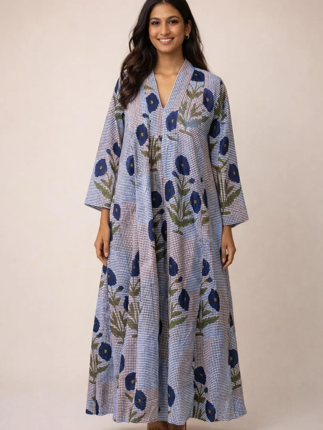 pure cotton maxi dress Pure Cotton Floral Maxi Dress, Loose Fit, V-Neck, Long Sleeve Summer Wear