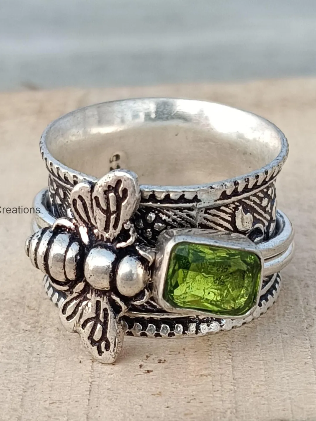 Honey Bee Spinner Gifts Ring, Handmade Ring, 925 Sterling Silver Ring, Peridot Gemstone Ring, Engagement Gifts Ring, Thumb Woman Ring,