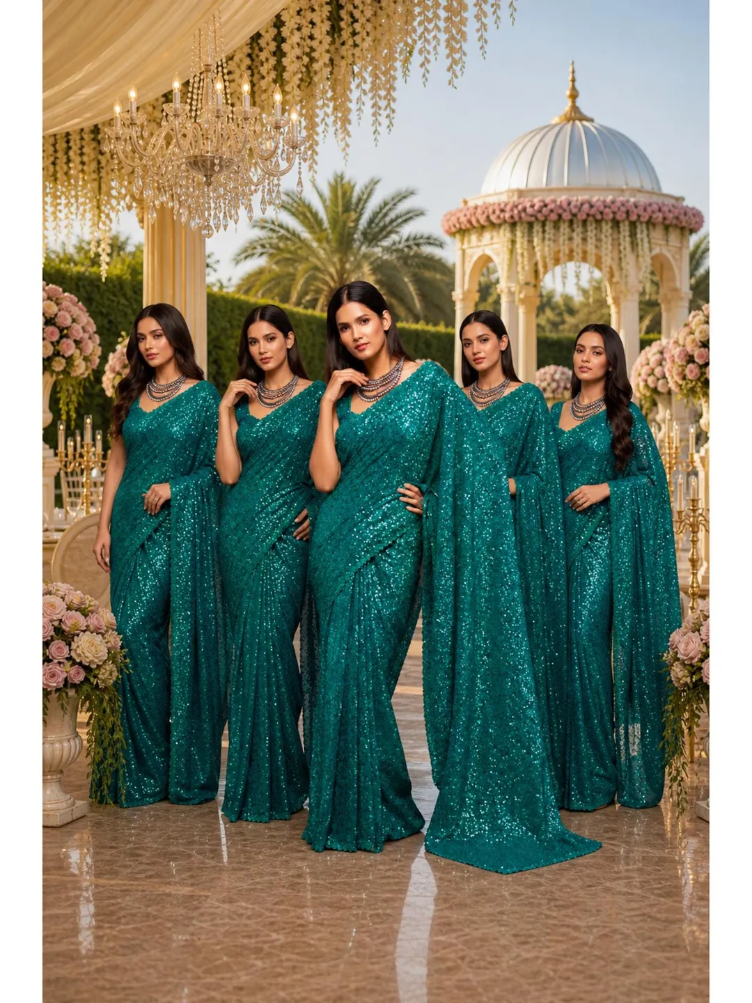 Teal Blue Sequin Ready To Wear Saree: Indian Wedding Wear, Georgette Embroidery