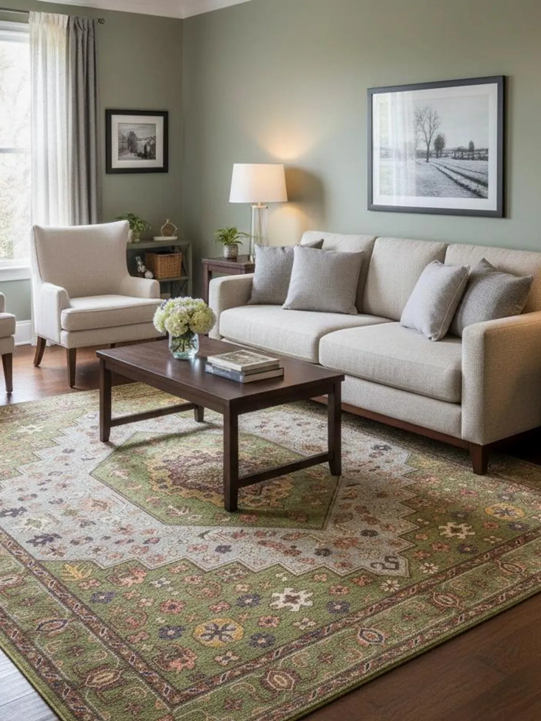 Green Hand Knotted Wool Rug – Vintage Tribal Floral Area Carpet