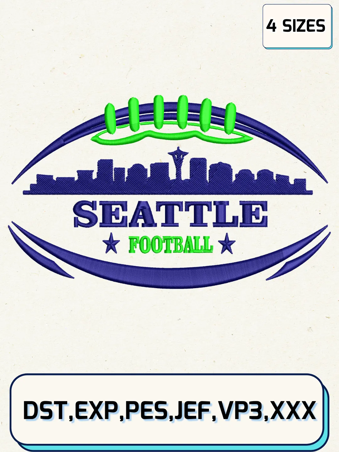 Seattle Football Skyline Badge Embroidery Design Files, NFL Logos Embroidery Designs, Machine Embroidery Files, 4 Sizes