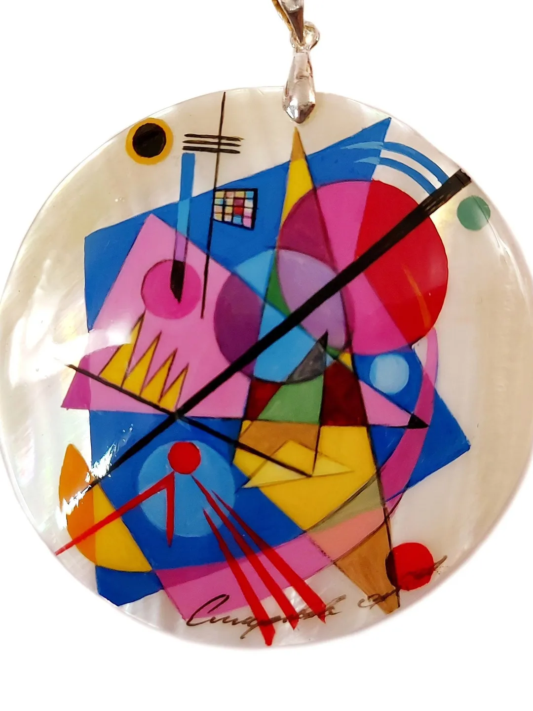 Mother-of-pearl Russian hand-painted necklace pendant. Jewelry. Abstraction. Kandinsky. Hand paint mother of pearl necklace.